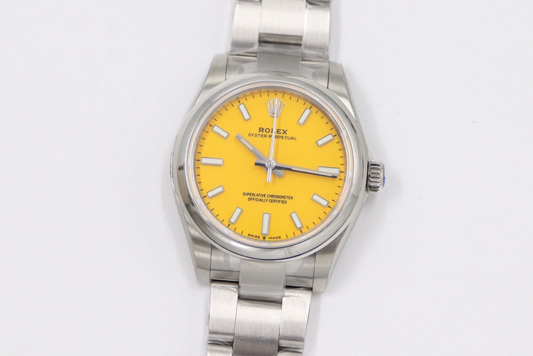Rolex EW Oyster Perpetual 31MM feminino com mostrador amarelo réplica de relógio m277200-0005 com movimento importado e tachas polidas