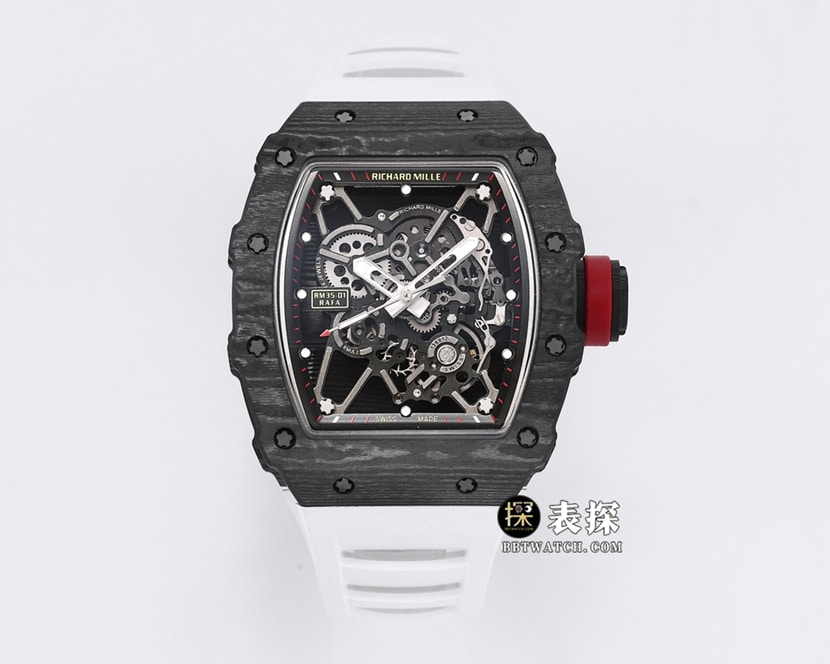 Richard Mille RM 35-01 carbon fiber tonneau-shaped 1:1 replica mechanical watch with skeletonized movement and white rubber strap
