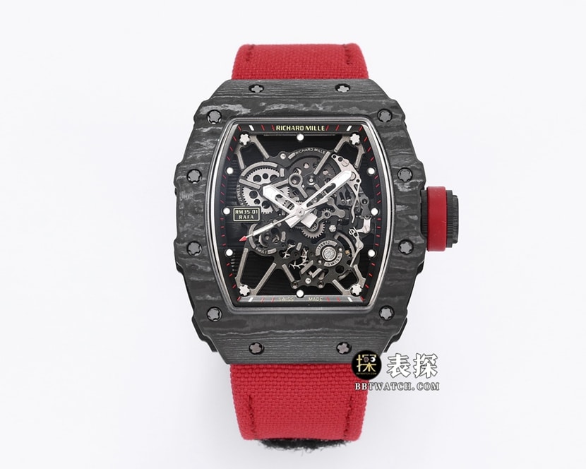 BBR Richard Mille RM 35-01 Richard Mille 1:1 Replica Watch with Carbon Fiber Case, RMUL3 Skeletonized Movement & Red Velcro Strap
