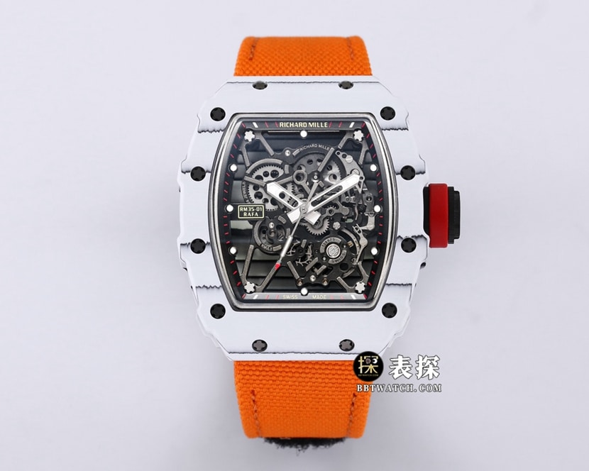 BBR Richard Mille RM 35-01 Rafael Nadal Carbon Fiber 1:1 Replica, Men's Black Skeletonized Dial with Orange Velcro Strap