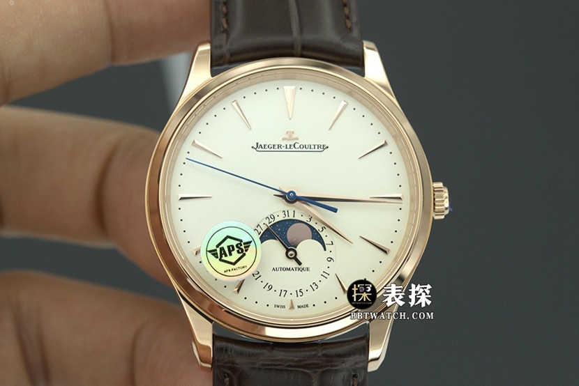 Jaeger-LeCoultre Master APS Factory Jaeger-LeCoultre Réplica 1:1: Mostrador amarelo casca de ovo Fase da lua em ouro rosa, pulseira de couro Ref. 1362511