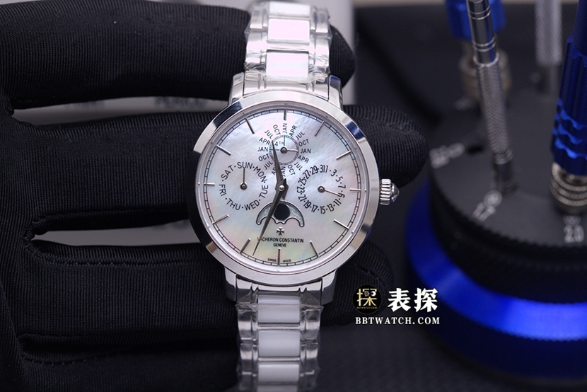 Vacheron Constantin heirloom 1:1 replica white mother-of-pearl perpetual calendar automatic steel bracelet timepiece