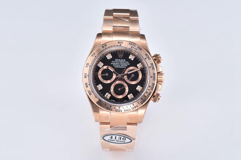 Clean Clean Rolex Factory Daytona Rolex 1:1 Super Clone Replica Watch with Enameled Black Dial, Rose Gold Mechanical Steel Strap m116505-0015