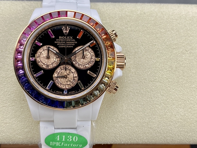 IPK Factory Rolex Daytona Rolex-Replik: Weißes Keramikgehäuse, schwarzes Zifferblatt, versteckte Regenbogen-Diamantlünette mit Farbverlaufsedelsteinen