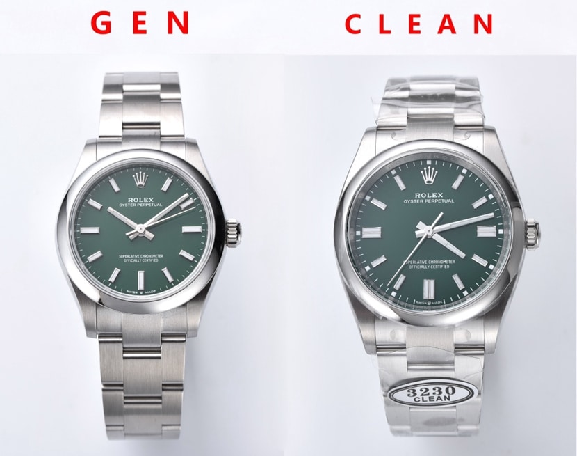 Rolex Oyster Perpetual m126000-0005 and m124300-0005: C Factory 1:1 replica versus authentic quality comparison with genuine green dial analysis