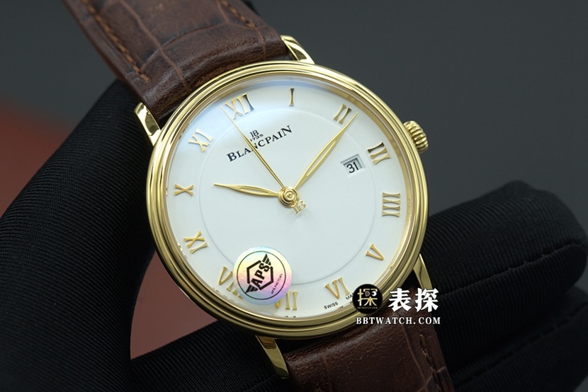 APS Factory Blancpain Villeret Classic Series Top-Replika-Herrenuhren, eiweißes Zifferblatt, Gelbgoldgehäuse, Lederarmband, echte Aufnahmen