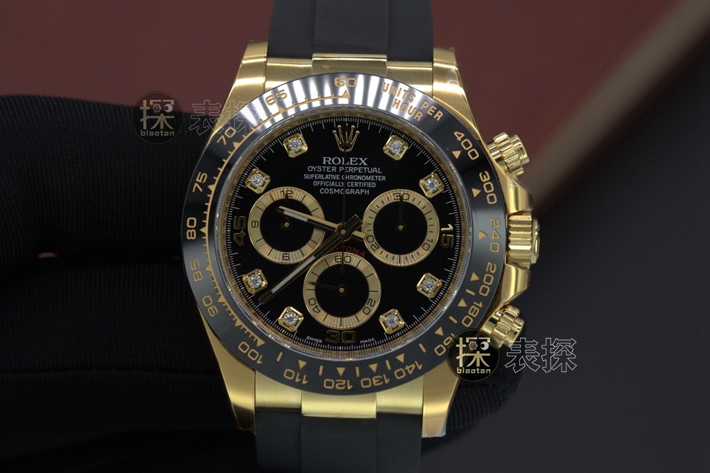 c factory DaytonaRolex1:1replica watch 18Kblack dial ring diamond chronographlume rubber leather bracelet front view
