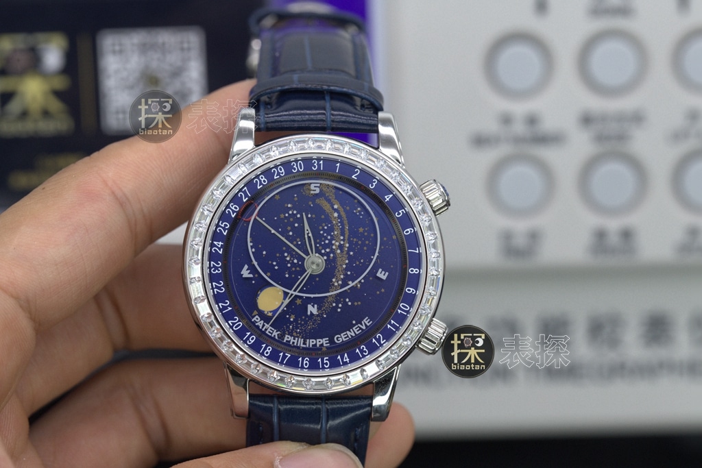 Patek Philippe YL Grande Complication super clone mechanical timepiece—diamond bezel, blue dial, leather strap