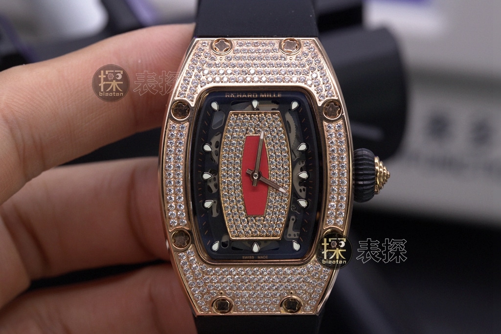 RM007-1 Richard Mille Women's Super Clone Tonneau Dial Full Diamond Stainless Steel Mechanical Black Rubber Strap