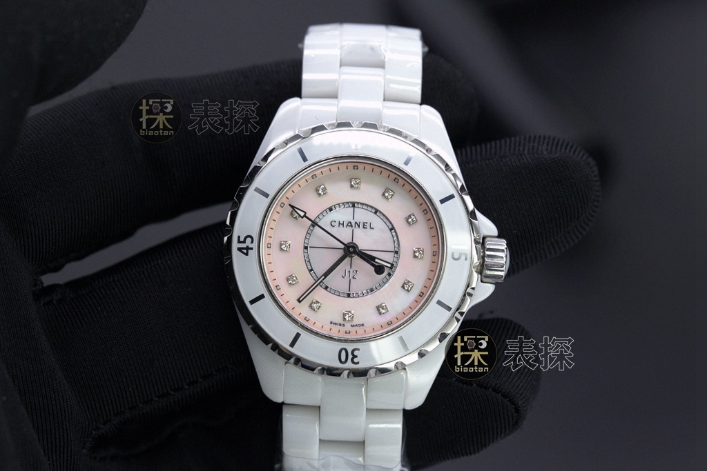 Chanel J12 Damen-Keramikuhr mit rosafarbenem Zifferblatt und Quarzwerk