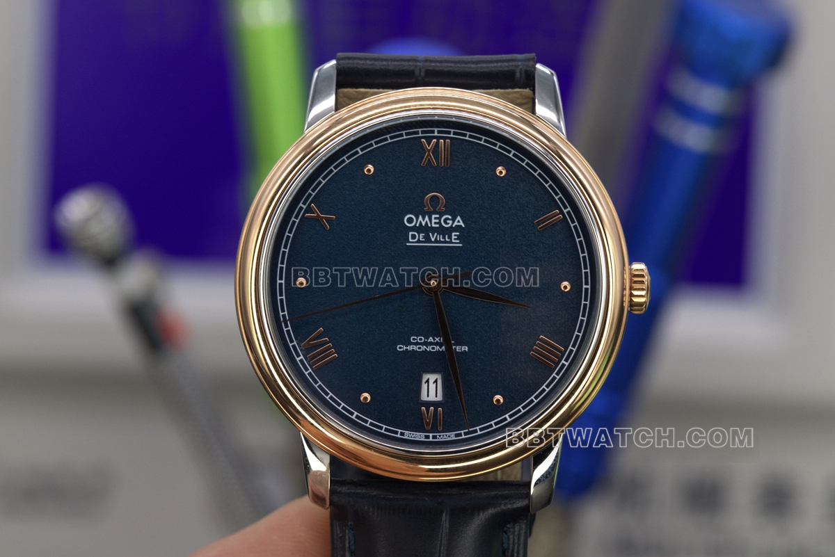 A+ Omega De Ville Premium Clone Sapphire Blue Dial Rose Gold Bezel Stainless Steel 424.13.40