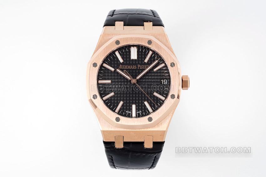 APS factory Audemars Piguet D002CR Audemars Piguet Royal Oak 1:1 Super A Imitation with 4302 One-piece Movement, Black Dial and 18k Rose Gold Strap 15510OR.OO.D002CR.02