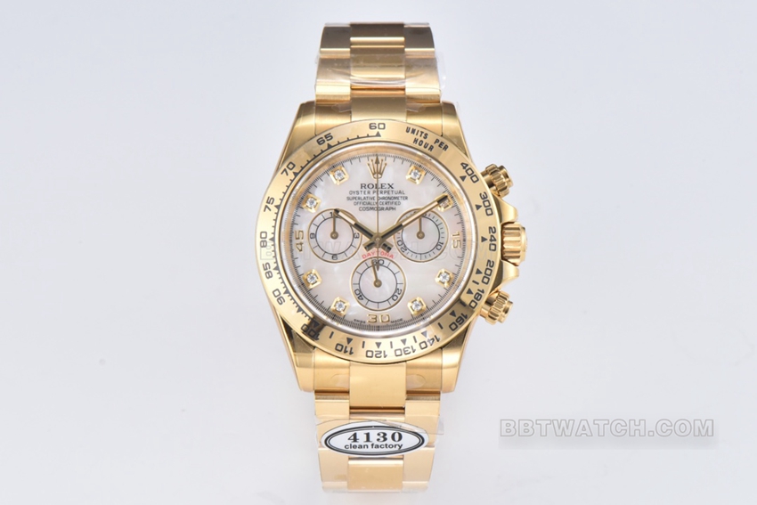 Rolex Daytona m116508-0007 C Factory Rolex Super Clone: Diamond-Engraved Mother-of-Pearl Dial, 18k Gold Steel Strap