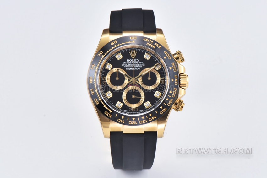 Rolex Daytona m116518ln-0078 C Factory Rolex 1:1 Clone, Full Gold Ditoner with Black Enameled Dial, Diamond-Engraved Rubber Strap Replica