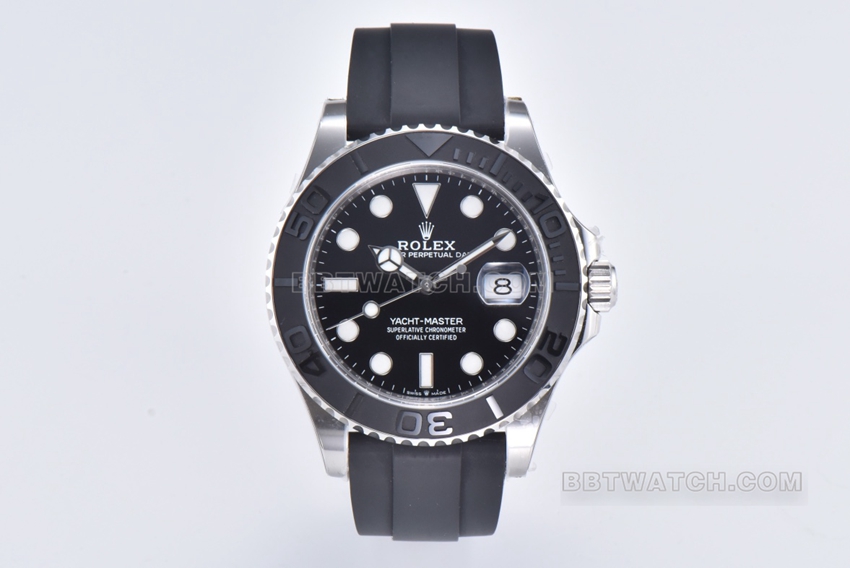 Rolex C Factory Yacht-Master 42mm m226659-0002 Super Clone with Caliber 3235, White Gold Case and Black Raised Ceramic Bezel Rubber Strap