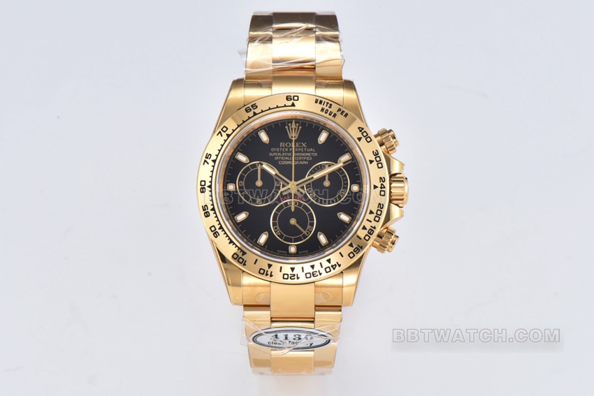 Rolex C Factory Rolex Daytona 1:1 Super A Fine Imitation with Enamel Pure Black Face, Mechanical Gold Steel Band, Model m116508-0004