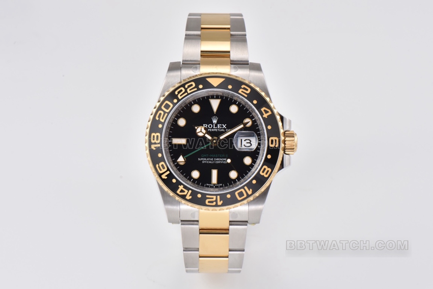 Rolex C Factory Rolex GMT 1:1 Super A Super Clone with Black Dial, Gold Ceramic Ring, Sapphire Crystal and Mechanical Gold-and-Steel Interlocking Strap 116713-LN-78203