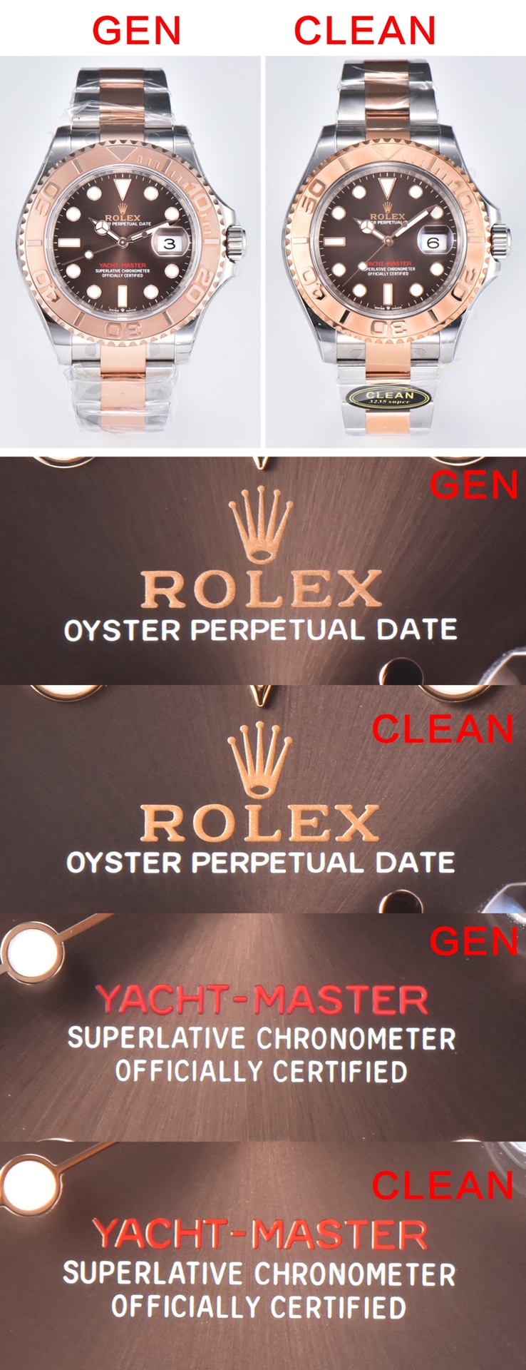 Rolex Yacht 40mm 126621 CLEAN Factory Rose Gold vs. Authentic Chocolate Dial Replica Comparison