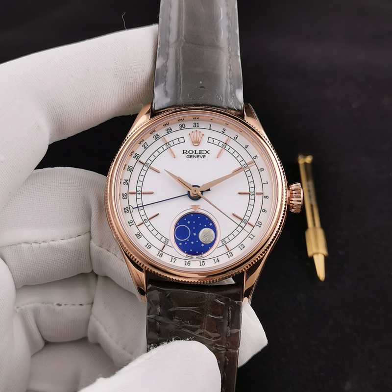 Rolex Cellini 50535 de TWC Factory: Súper clon uno a uno con esfera de fase lunar blanca y correa de cuero