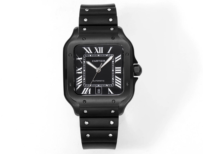 Cartier Santos WSSA0039 1:1 Super A Clone Stainless Steel Black Dial Square-Shaped Mechanical Rubber Strap Watch