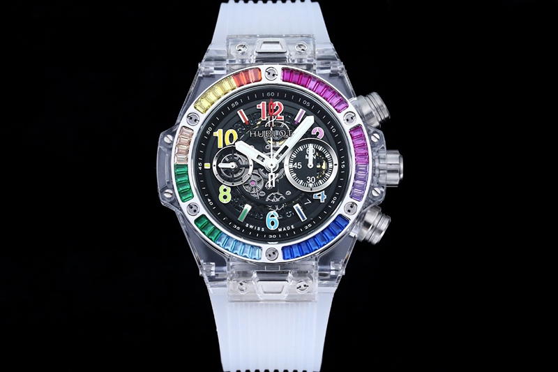 Hublot BIG BANG Top Replica Skeleton Dial Rainbow Diamond Bezel Mechanical Transparent Watch 411.JX