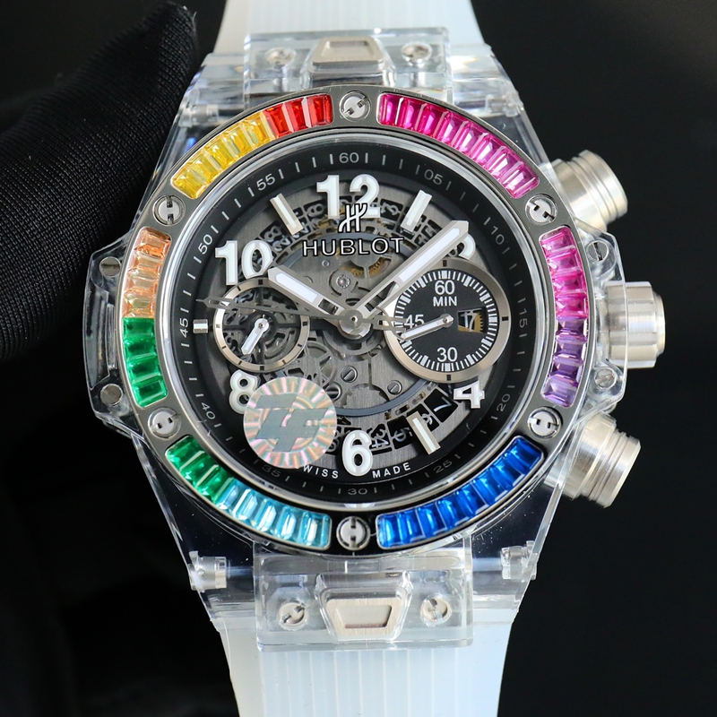 Hublot BIG BANG 411.JX Premium 1:1 Skeleton Transparent Dial Rainbow Diamond Bezel Mechanical Timepiece