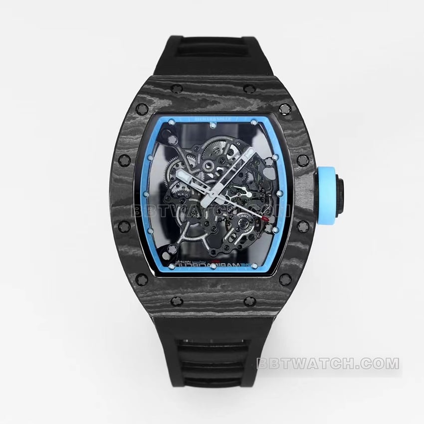 BBR Factory RM055 Richard Mille Men's 1:1 Super A Replica Skeletonized Carbon Fiber Blue Inner Ring Mechanical Watch with One-Piece Movement