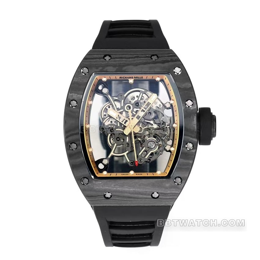 Richard Mille RM055 by BBR Factory: 1:1 Super A Carbon Fiber Skeleton Watch with Gold Inner Ring, New Movement Upgrade