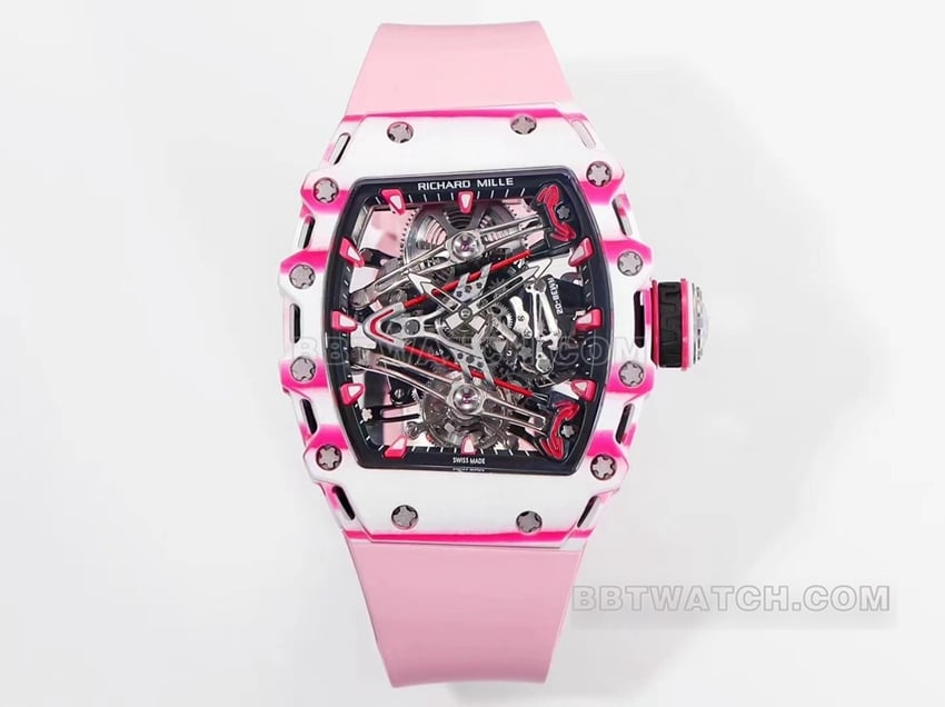 Richard Mille Men's 1:1 Top Replica RM 38-02 Mechanical Pink Rubber Skeleton Tourbillon Watch