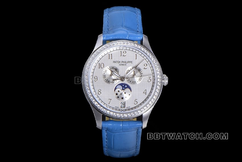 Patek Philippe ZP Factory Patek Philippe 4947G-010 Réplique de montre à calendrier annuel avec phases de lune, cadran blanc et boîtier en or blanc 18 carats