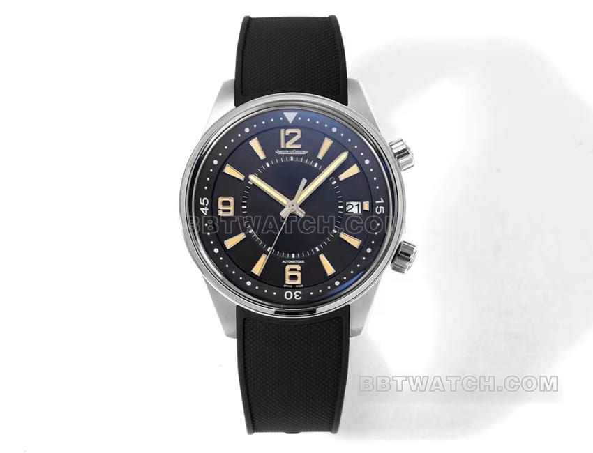BLS Factory Jaeger-LeCoultre Jaeger-LeCoultre Beichen 906867J Kalenderuhr mit modernem Doppelgriff-Design, von Hand poliertes schwarzes Zifferblatt, mechanisches Gummimodell